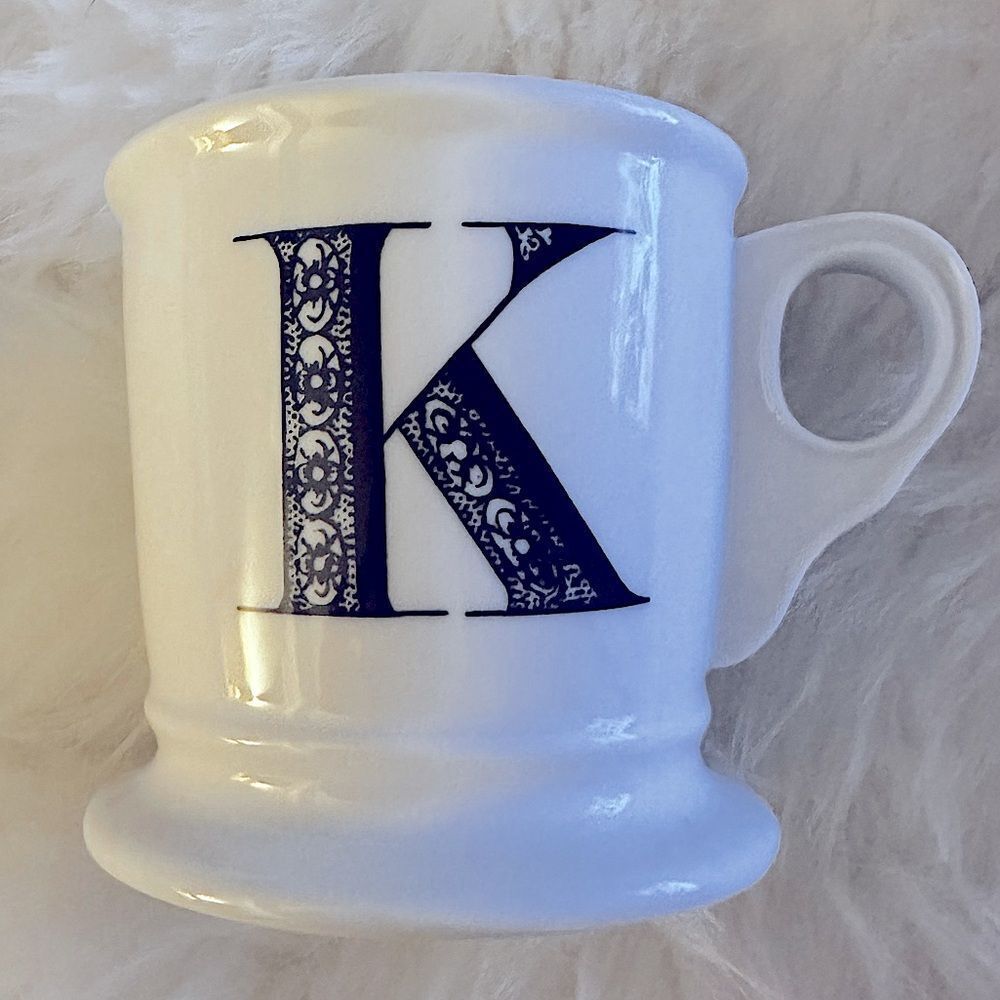 ANTHROPOLOGIE Classic Monogram Mug. Bone White w/ Handle & Black “K” Initial.